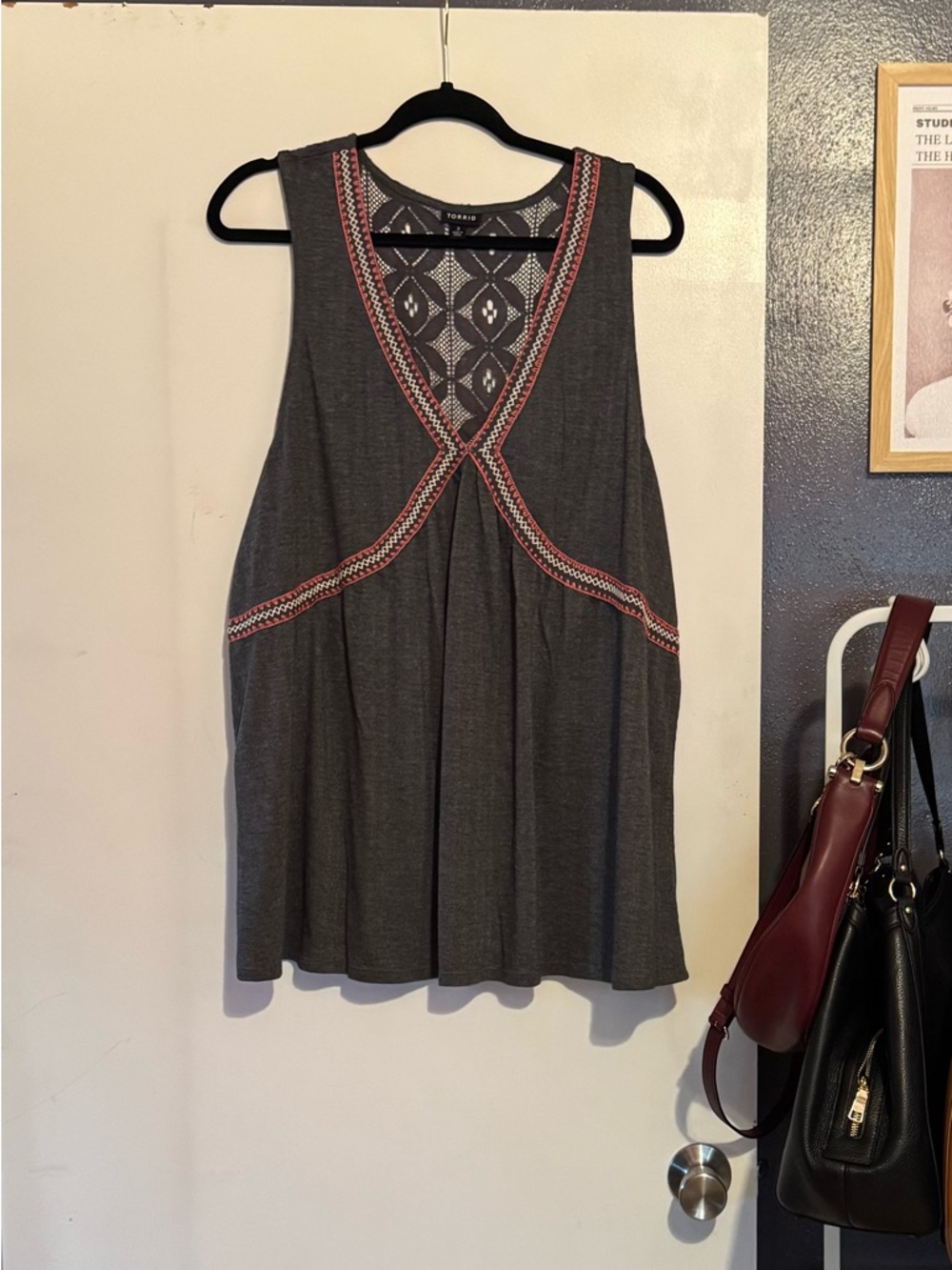 NWOT Torrid Charcoal Tank Top with Pink Trim Embroidery